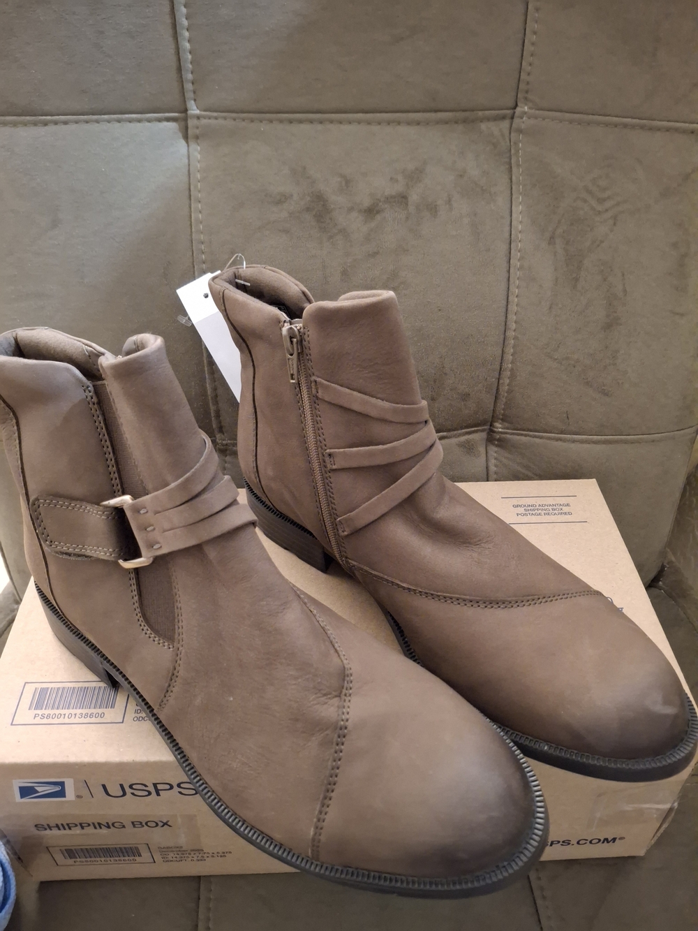 Clarks Taupe Brown Leather Adalynn Faye Ankle Boots with Strap Detail Size 12